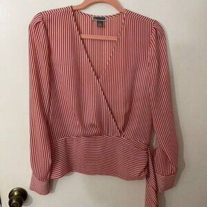Chelsea28 Top, Faux Wrap, Side Zip, Long Sleeves, Striped, Red & White, Small